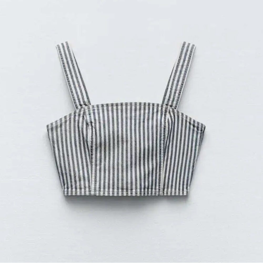 NWT Zara Denim Striped Sleeveless Cropped Top Blue/Cream